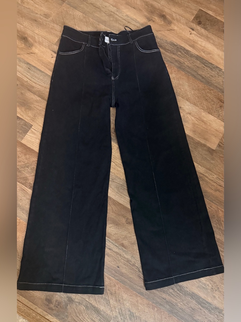 Charmant Ciel Wide Leg Black Pants with Contrast Stitching